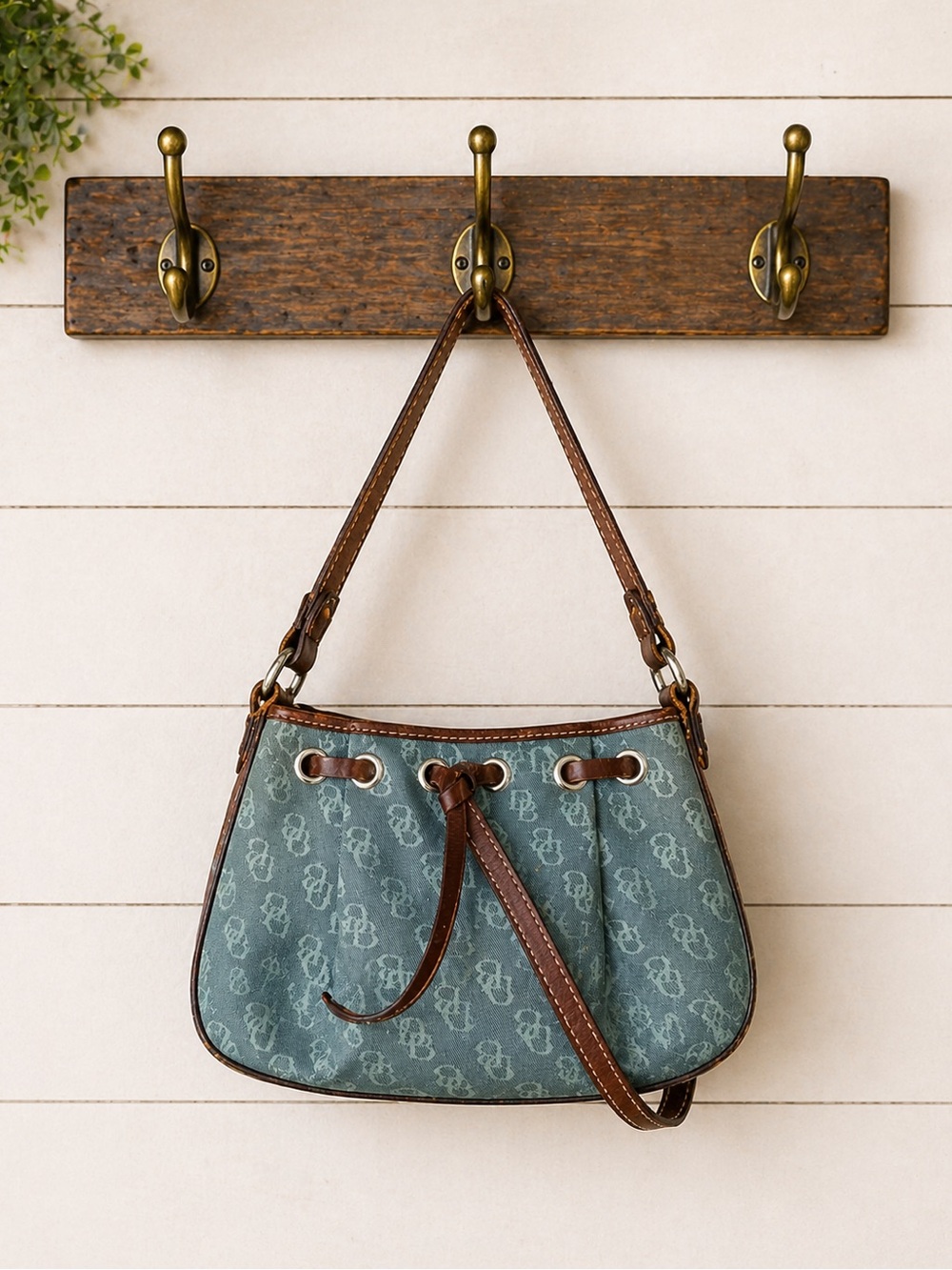 Vintage Blue Monogram Dooney & Bourke Shoulder Bag with Brown Trim